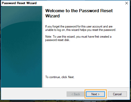 connect password reset disk to computer and click next