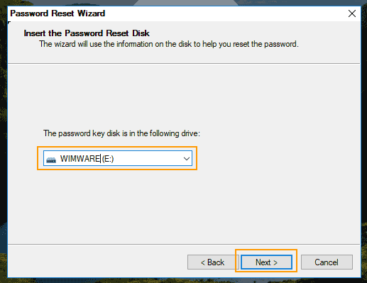 select password reset disk from drive list