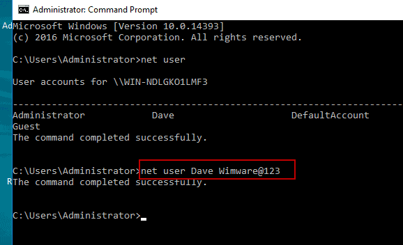 run command to reset Windows 10 admin password