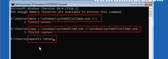 run command to copy utilman.exe