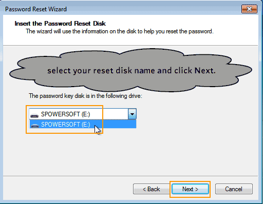 select password reset disk from drive list
